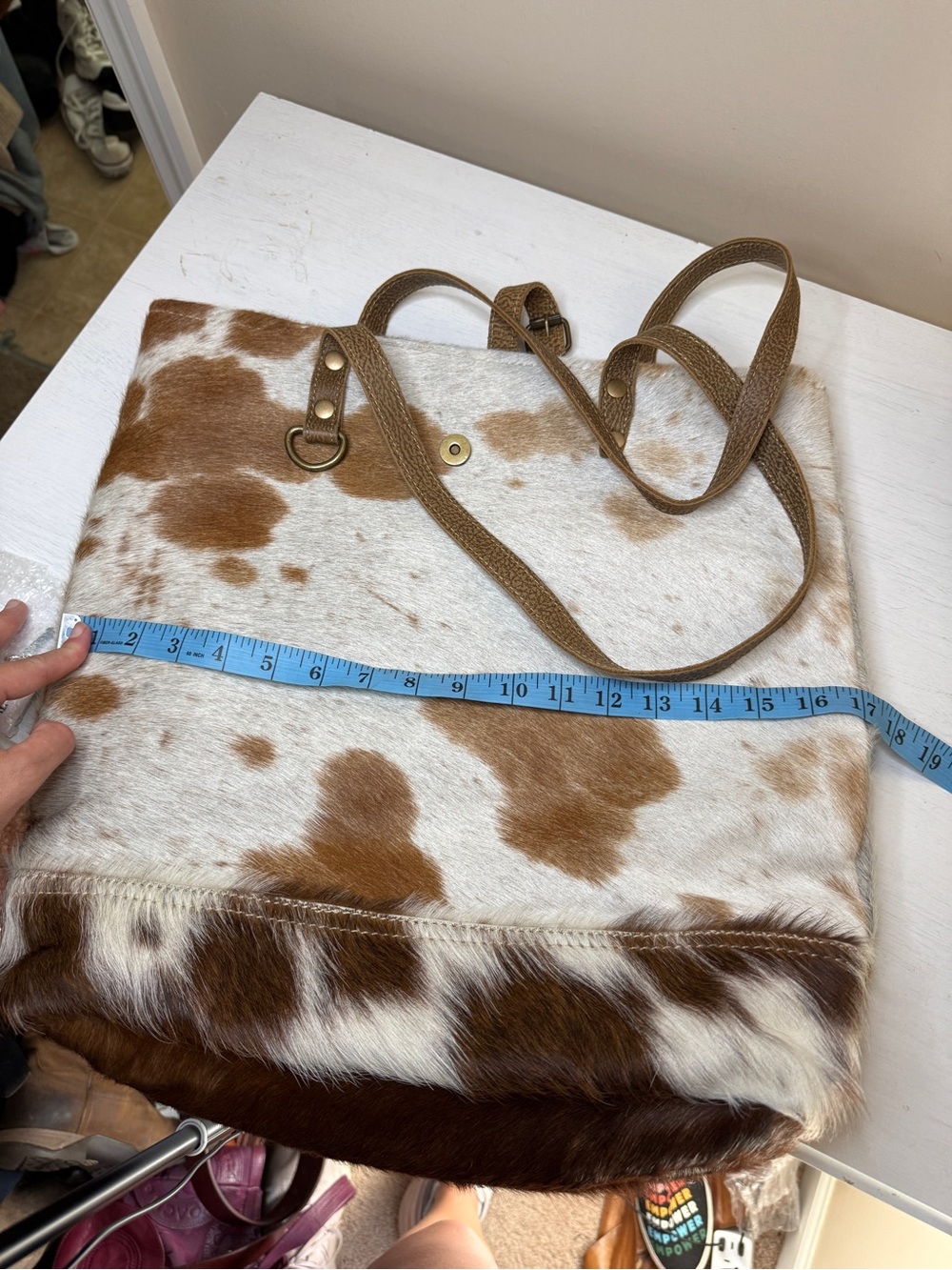MYRA MESA TRAIL HAIRON TOTE BAG RUSTIC COWHIDE DESIGN, BROWN LEATHER HANDLES - Picture 3 of 14